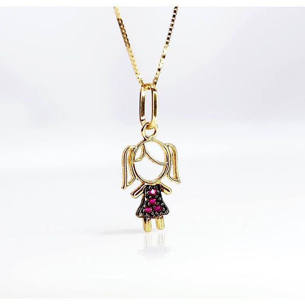 Pingente Menina Vestido Vermelho e Branco em Ouro
