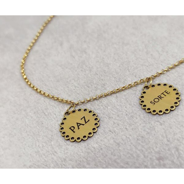 Pulseira em Ouro 18k 750 Elo Português com Pingentes Paz/ Sorte/ Amor/ Fé