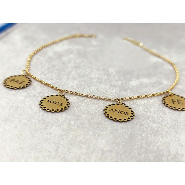 Pulseira em Ouro 18k 750 Elo Português com Pingentes Paz/ Sorte/ Amor/ Fé