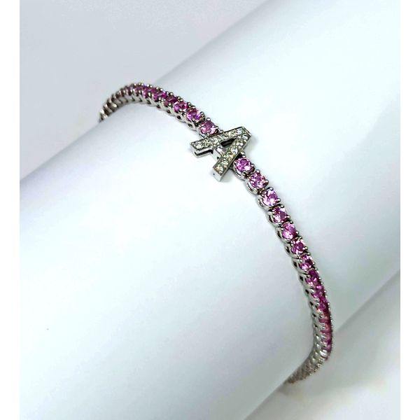 Pulseira Riviera Personalizada com Inicial em Ouro 18k com Safiras Rosas