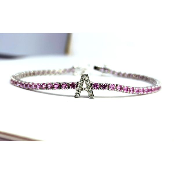 Pulseira Riviera Personalizada com Inicial em Ouro 18k com Safiras Rosas