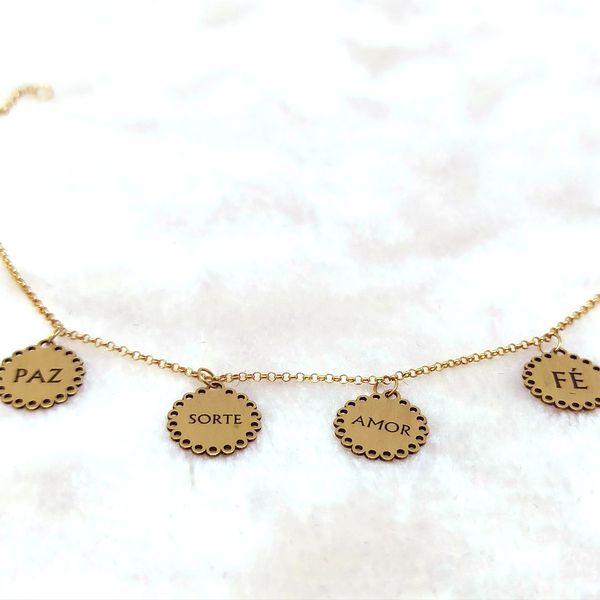 Pulseira em Ouro 18k 750 Elo Português com Pingentes Paz/ Sorte/ Amor/ Fé