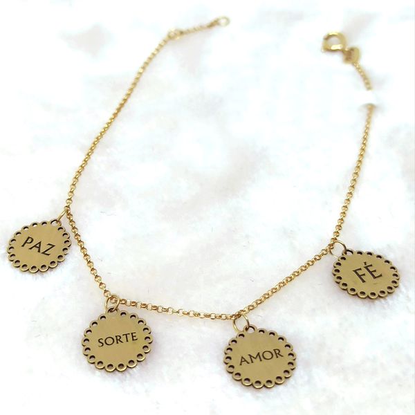 Pulseira em Ouro 18k 750 Elo Português com Pingentes Paz/ Sorte/ Amor/ Fé