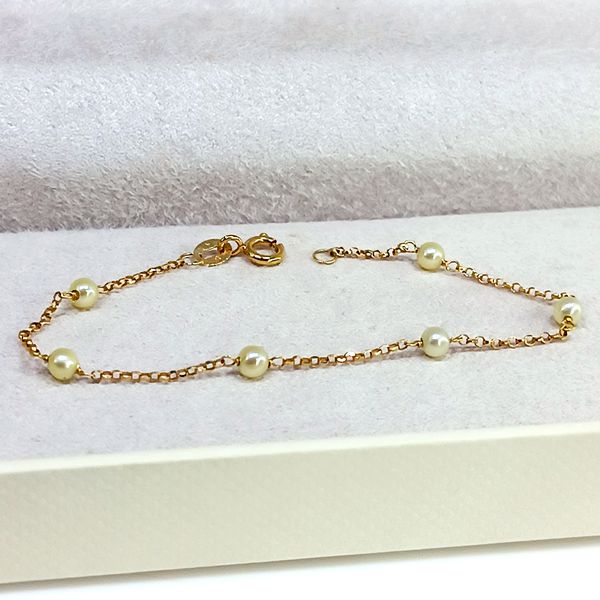 Pulseira Infantil Ouro 18k Elo Português com Pérolas