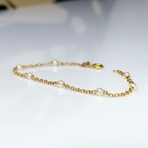 Pulseira Infantil em Ouro 18k Pérola com Corrente Elo Português