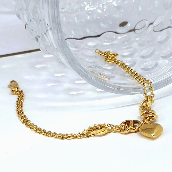 Pulseira Dupla em Ouro18k com Elos Centrais e Pingente Coração 