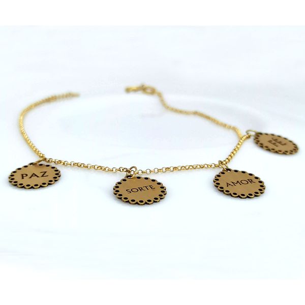 Pulseira em Ouro 18k 750 Elo Português com Pingentes Paz/ Sorte/ Amor/ Fé