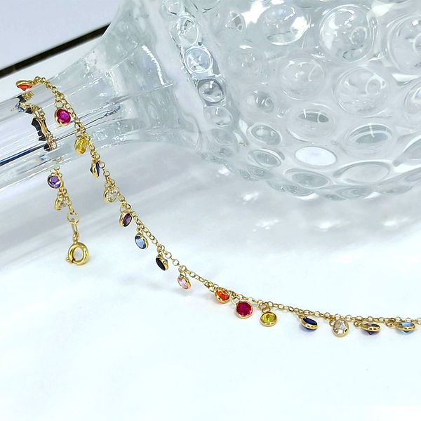 Pulseira em Ouro 18k Elo Português com Pingentes Coloridos em Zircônia 