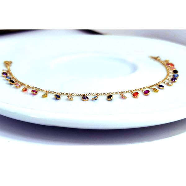 Pulseira em Ouro 18k Elo Português com Pingentes Coloridos em Zircônia 