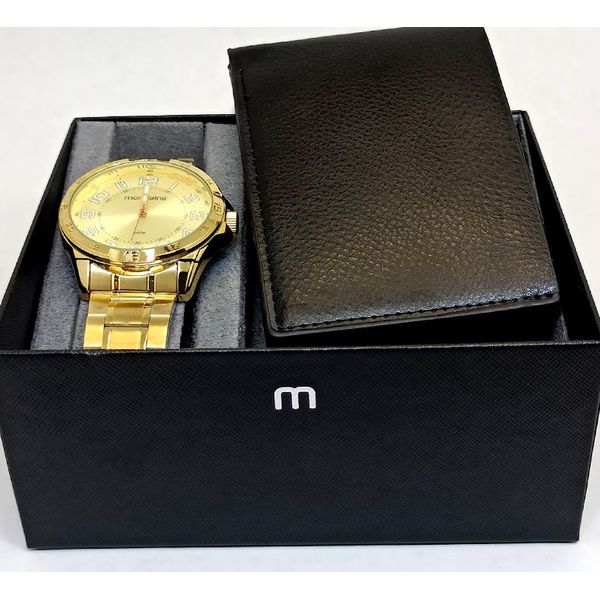 Kit Relógio Mondaine de Pulso Dourado e Carteira Masculino