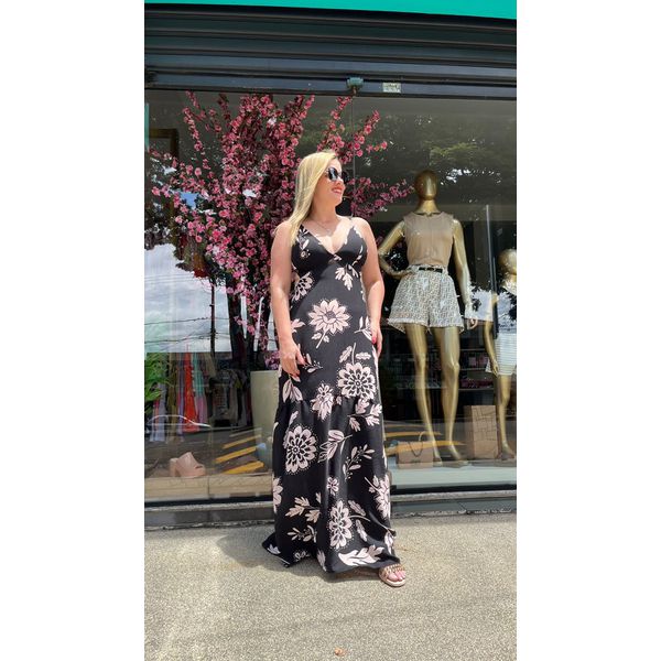 VESTIDO LARA LONGO DE ALÇA ESTAMPADO LANÇAMENTO - Preto