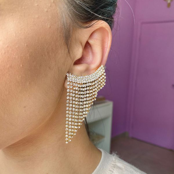 Brinco Ear Cuff Franja Cristal Folheado em Ouro 18k