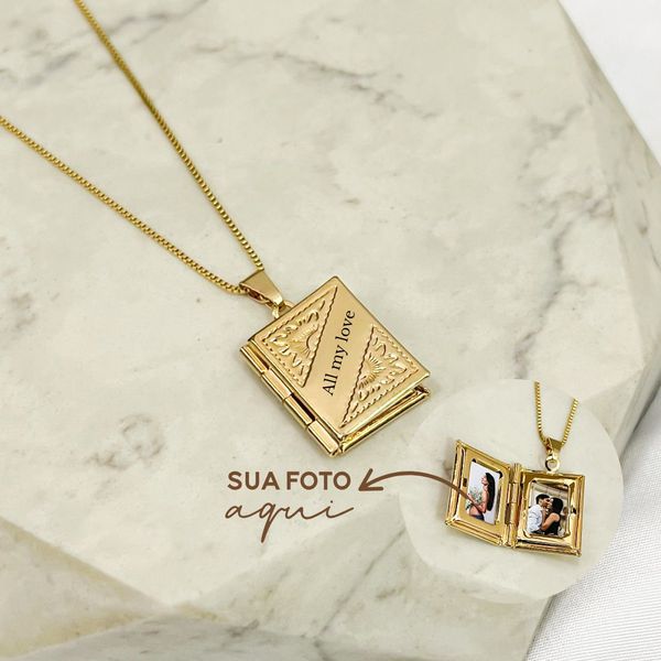 Colar Relicário Livro G Personalizado com Foto Banhado a Ouro 18k