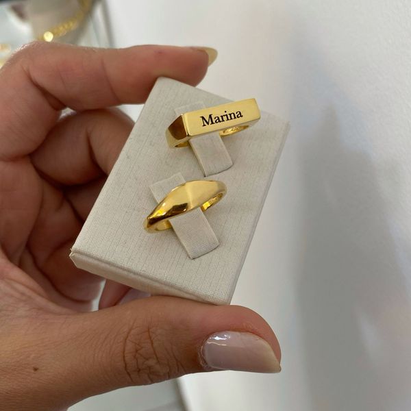 Anel Quadrado Personalizado Regulável Folheado em Ouro 18k