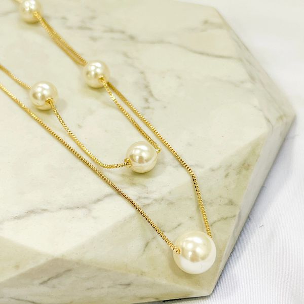 Colar Duplo Perolas Folheado em Ouro 18k