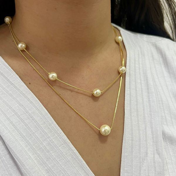 Colar Duplo Perolas Folheado em Ouro 18k