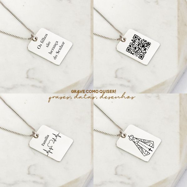 Colar Medalha Quadrada Personalizada Aço Inoxidável