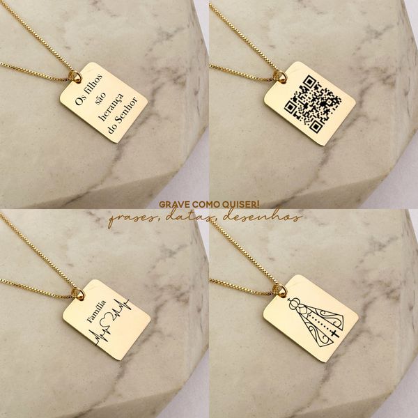 Colar Medalha Quadrada Personalizada Folheado em Ouro 18k