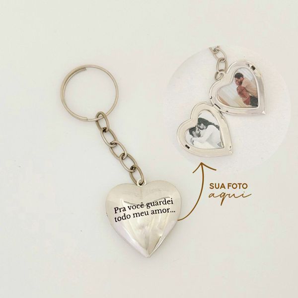 Chaveiro Relicário Coração Personalizado Aço Inoxidável