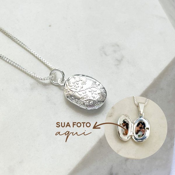 Colar Relicário Flower com Foto Banhado a Prata 925