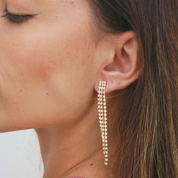 Brinco Fio Triplo Cristal Folheado em Ouro 18k