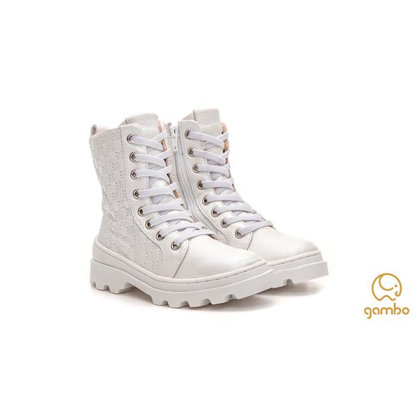 Bota Coturno Feminino Infantil e Juvenil Branco Perolado Gambo