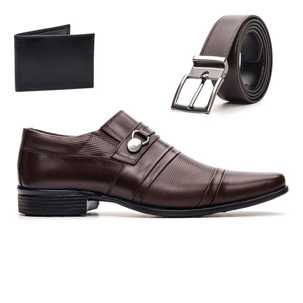 Kit Sapato Café Bico Fino Masculino Social Couro Natural + Cinto e Carteira Em Couro Sintético