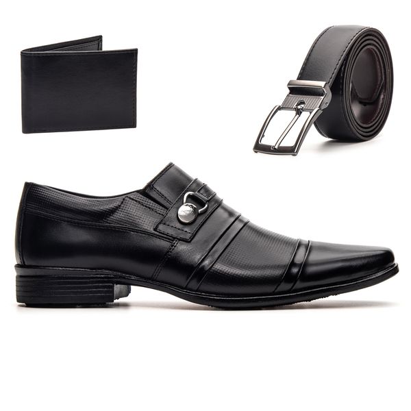 Kit Sapato Preto Bico Fino Masculino Social Couro Natural + Cinto e Carteira Em Couro Sintético 