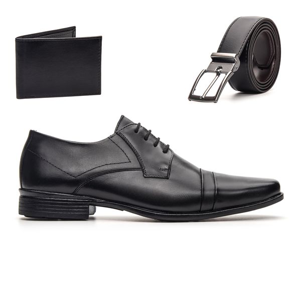 Kit Sapato Cadarço Bico Fino Masculino Social Couro Natural + Cinto e Carteira Em Couro Sintético 