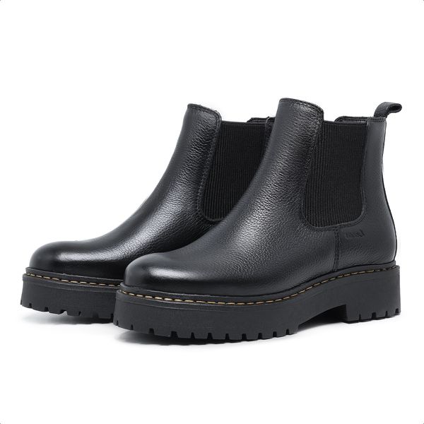 Coturno Bota Feminina Em Couro Com Preto Tratorado Chelsea Copia