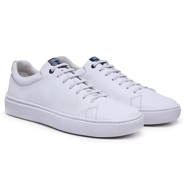 Tênis Masculino Básico Branco Em Couro Legitimo Elástico Calça Fácil