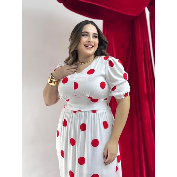 Vestido Nayara Branco Poá Vermelho