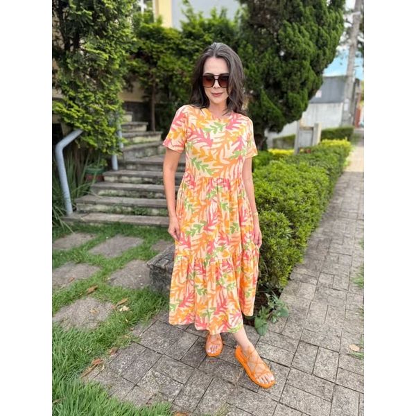 Vestido Cecilia Laranja e Coral Estampado