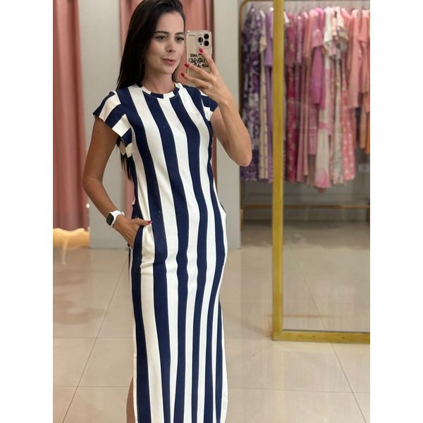 Vestido Camili Azul Marinho Listrado 