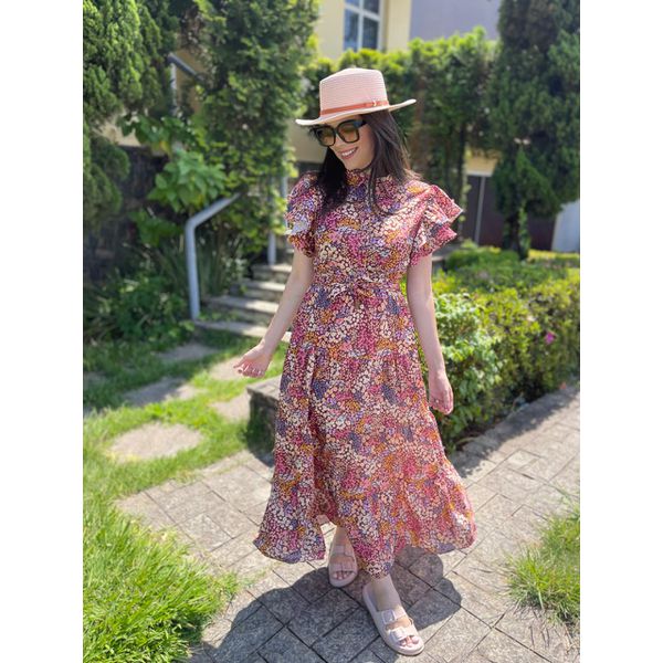 Vestido Catarina Floral Fundo Marsala Plus