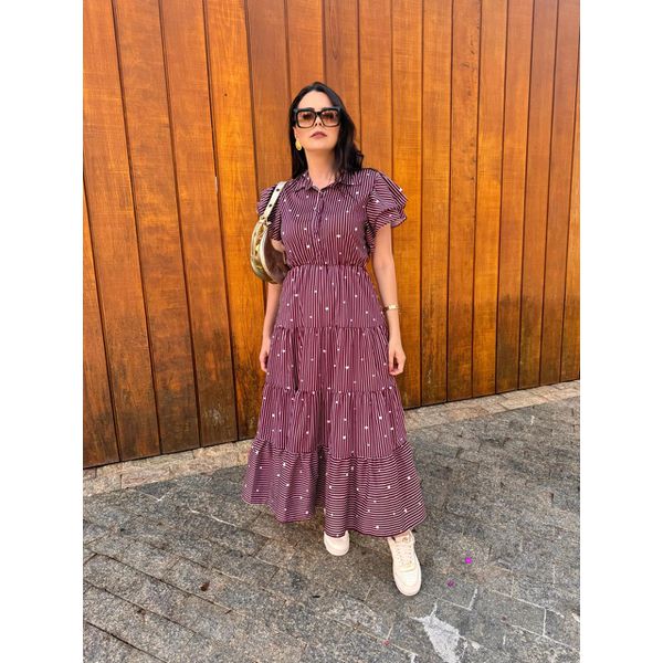 Vestido Catarina Vinho Listrado Corações Plus