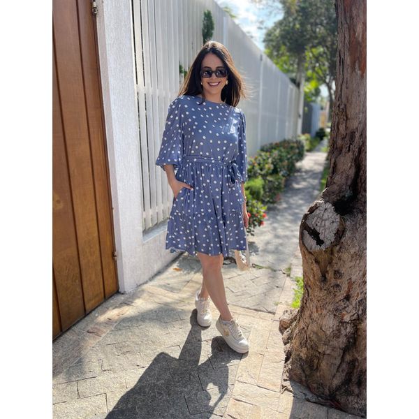 Vestido Bia Azul Poá Branco