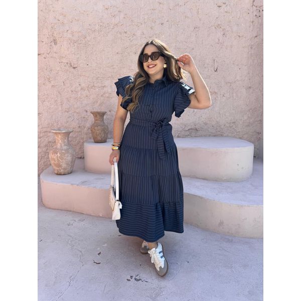 Vestido Catarina Azul Marinho Risca de Giz Plus