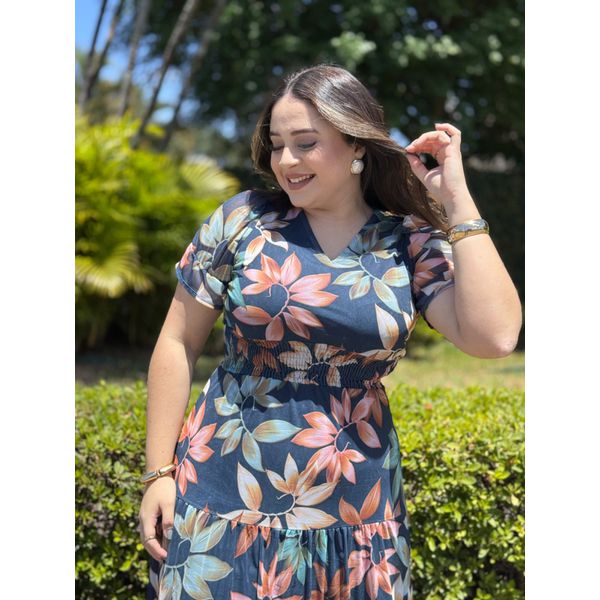 Vestido Marcela Azul Marinho Estampado