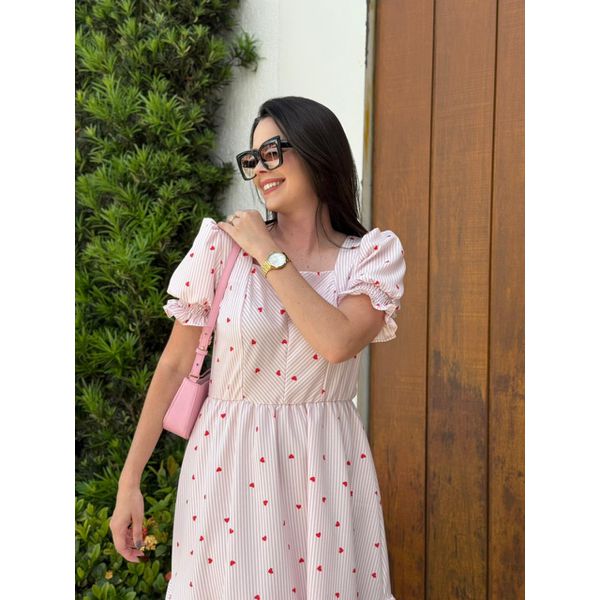 Vestido Poliana Rosa Listrado Corações
