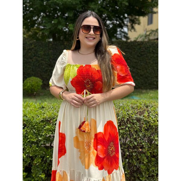 Vestido Rute Estampado Vermelho e laranja