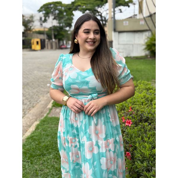 Vestido Mariana Verde Agua Floral