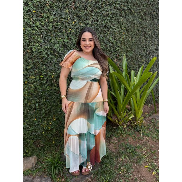 Vestido Luana Verde e Marrom Estampado