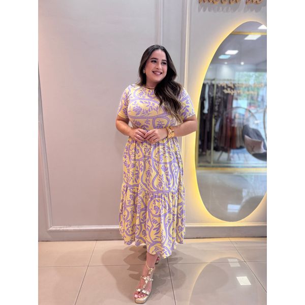 Vestido Cecilia Amarelo e Lilas Estampado