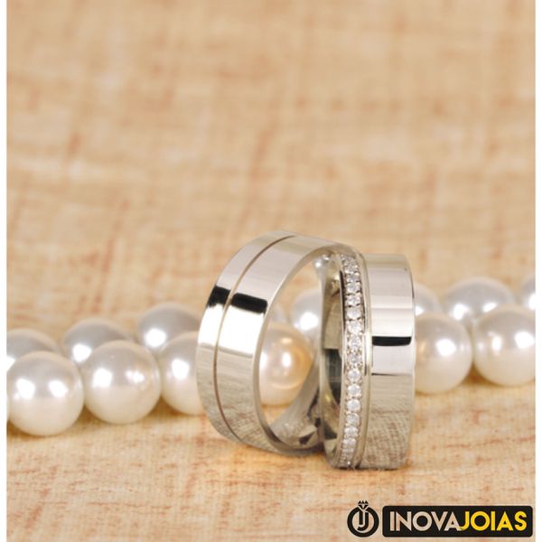 Par de Alianças Cravejadas de Namoro em Prata 950 - ML07
