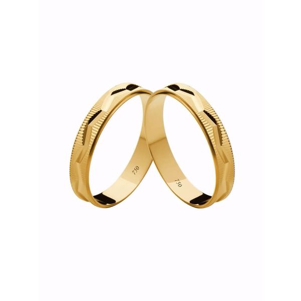 Par de Alianças Casamento Modelo Diamantado Trabalhado Ouro 18k/750 4.00mm Reta Polida - 10039