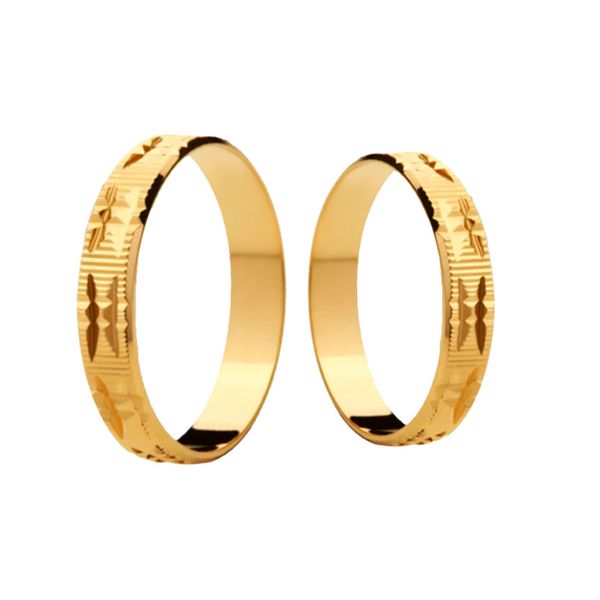 Par de Alianças Casamento Modelo Diamantado Trabalhado Ouro 18k/750 4.00mm Reta Polida - 10041
