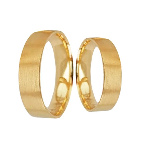 Par de Alianças Casamento Modelo Trabalhado Ouro 18k/750 5.00mm Reta Fosca Semi Anatômica/ Semi Confort - 10052 
