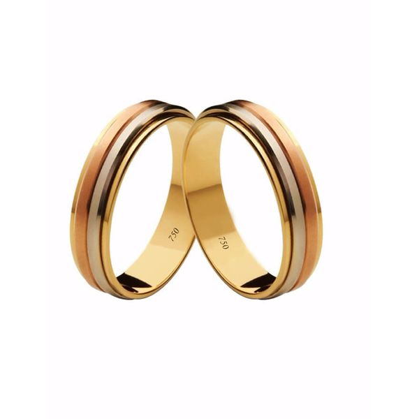 Par de Alianças Casamento Modelo Trabalhado Tricolor Ouro 18k/750 5.00mm Reta Polida/Fosca - 10054