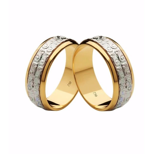 Par de Alianças Casamento Modelo Trabalhado Ouro 18k/750 7.00mm Reta Polida Com Ródio - 10082